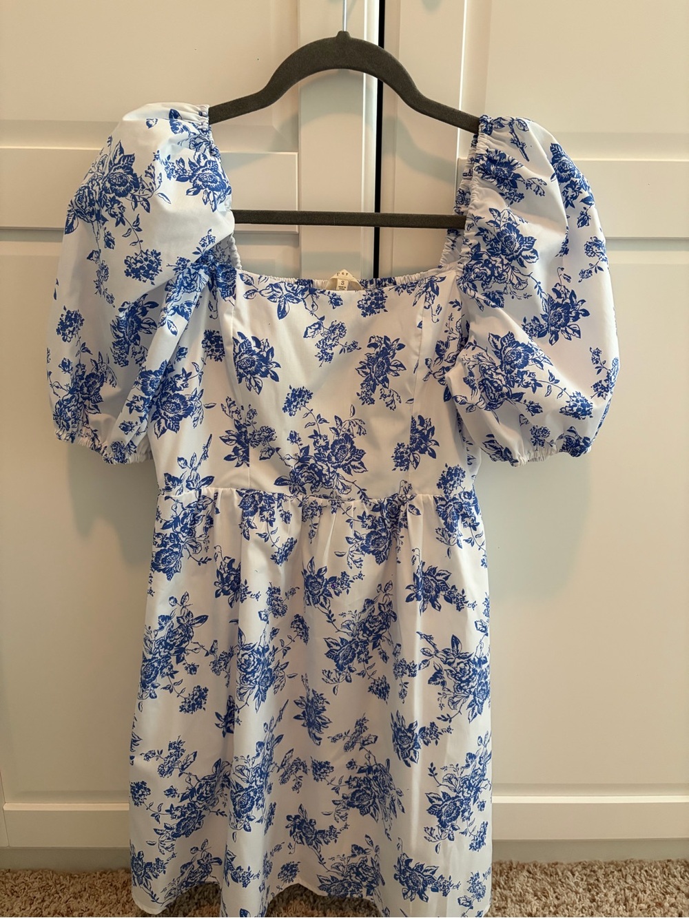 Copper Key White Mini Dress with Blue Floral Print and Puff Sleeves